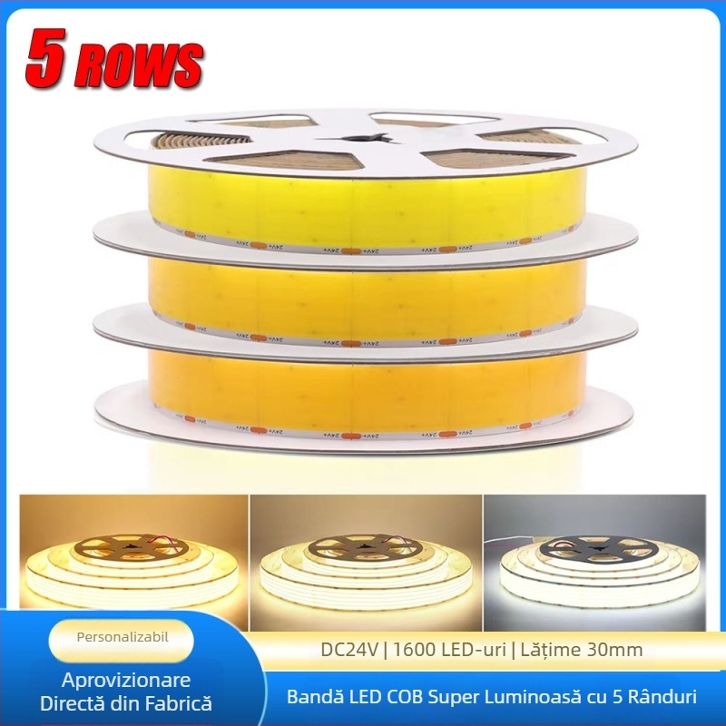 Bandă COB LED în cinci rânduri, 24V, 1600 LED-uri, lățime 30 mm, tensiune redusă, fără pâlpâire, iluminare interioară și comercială