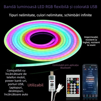Bandă LED 5V RGB Neon cu efect de urmărire a luminii, rezistentă la apă pentru exterior, USB