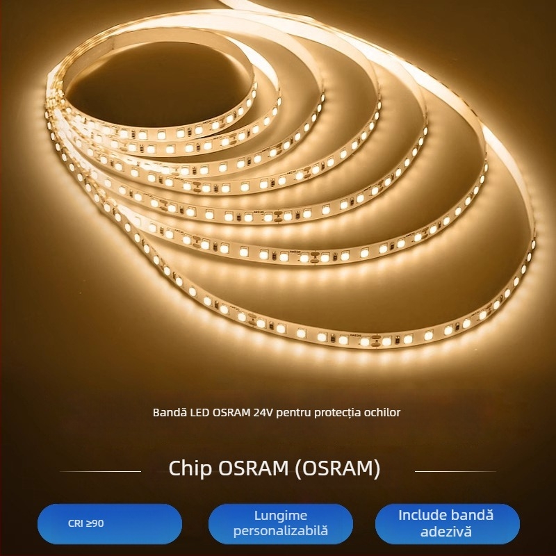 Bandă LED Osram, CRI înalt, 24V tensiune joasă, iluminat interior, lățime 8 mm, 120 LED-uri (2835), fascicul 120°, CRI 90, model 24v-8mm-120LED, fără reglaj