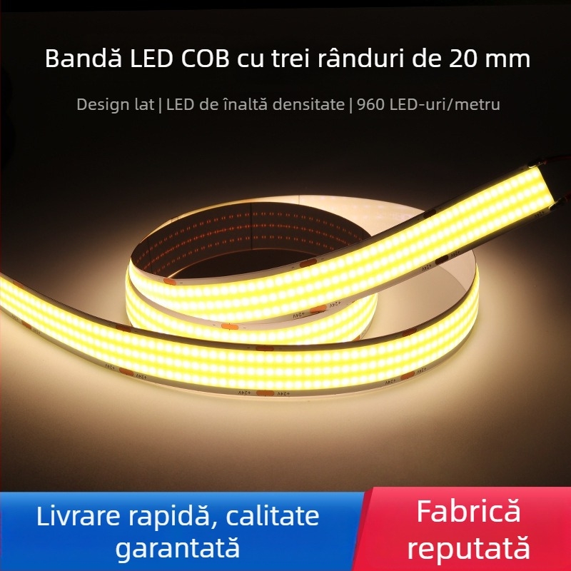 Bandă LED COB de 20 mm lățime, trei rânduri de LED, tensiune scăzută, fără pâlpăire, CRI înalt, iluminare ambiental decorativă, autoadezivă