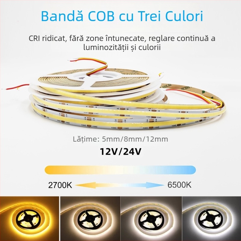 Bandă LED COB de 24V, dimabilă, cu opțiuni de trei culori și bandă LED bi-color, autoadezivă, iluminare interioară sufragerie