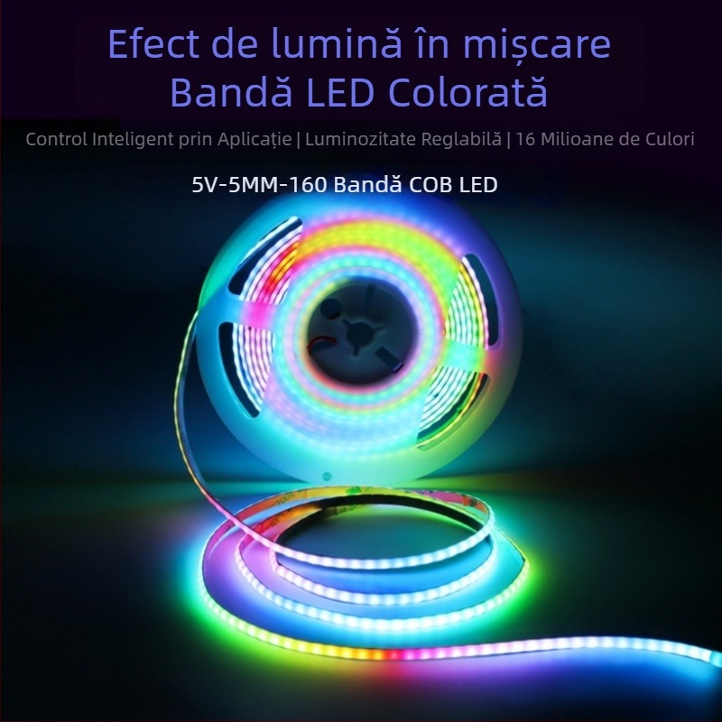 Bandă LED COB 5V, lățime 5 mm, 2812, control la un singur punct, efect de flux de lumină, RGB, 160 LED-uri