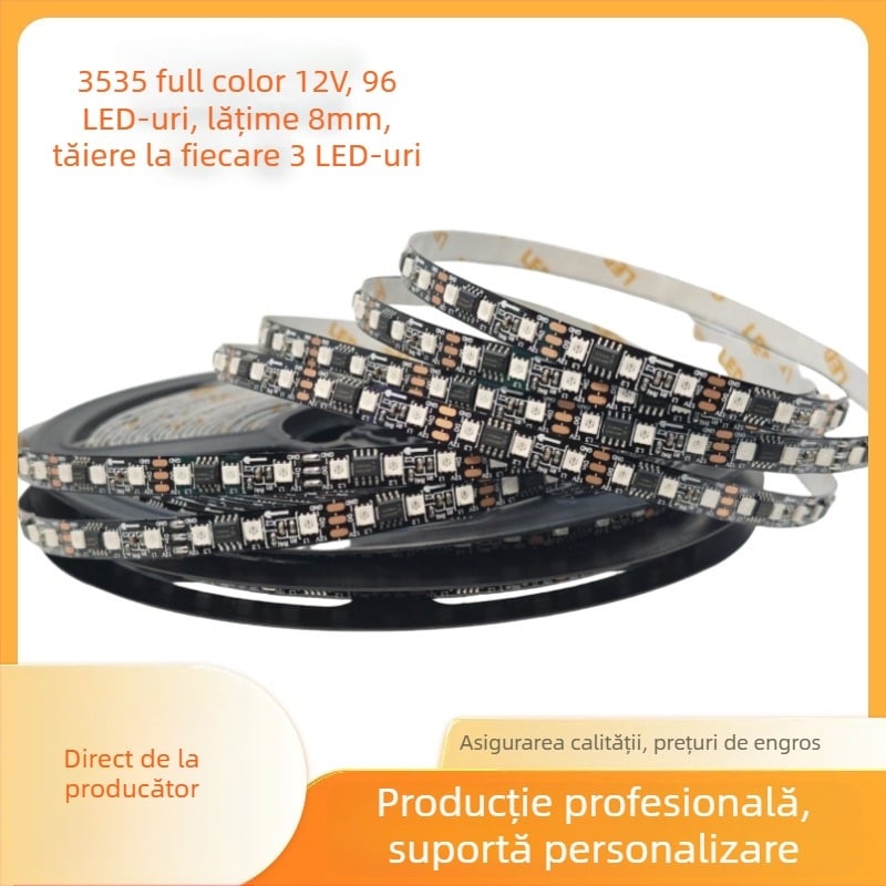 Bandă LED RGB de 12V cu IC extern, 3535 LED, 96 LED, lățime 8 mm, SM16703, trei LED-uri pe segment