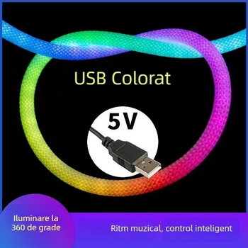 Bandă LED 5V cu iluminare la 360°, culori RGB în flux, muzică USB Bluetooth, neon flexibil din silicon împletit