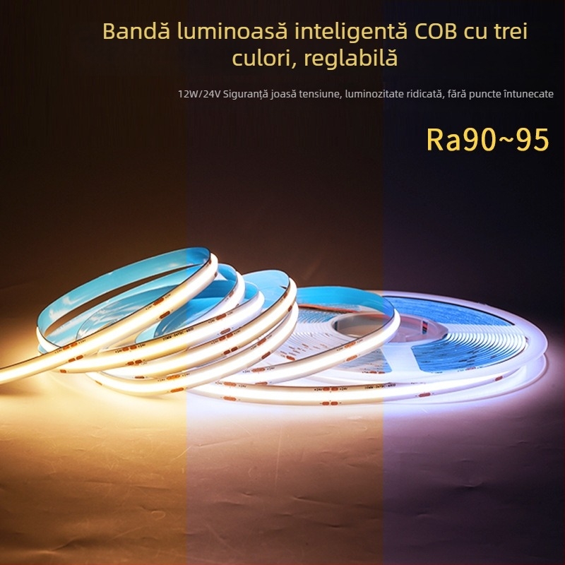 Bandă LED COB bi-color pentru iluminat interior, flexibilă, dimmabilă, 24V, autoadezivă