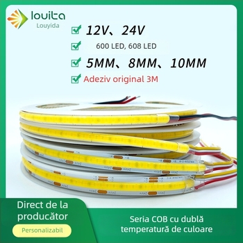 Bandă LED COB cu temperatură de culoare dublă, 608 LED, reglabilă prin control extern, 12/24 V, lățime 5 mm, iluminare pentru dulapuri