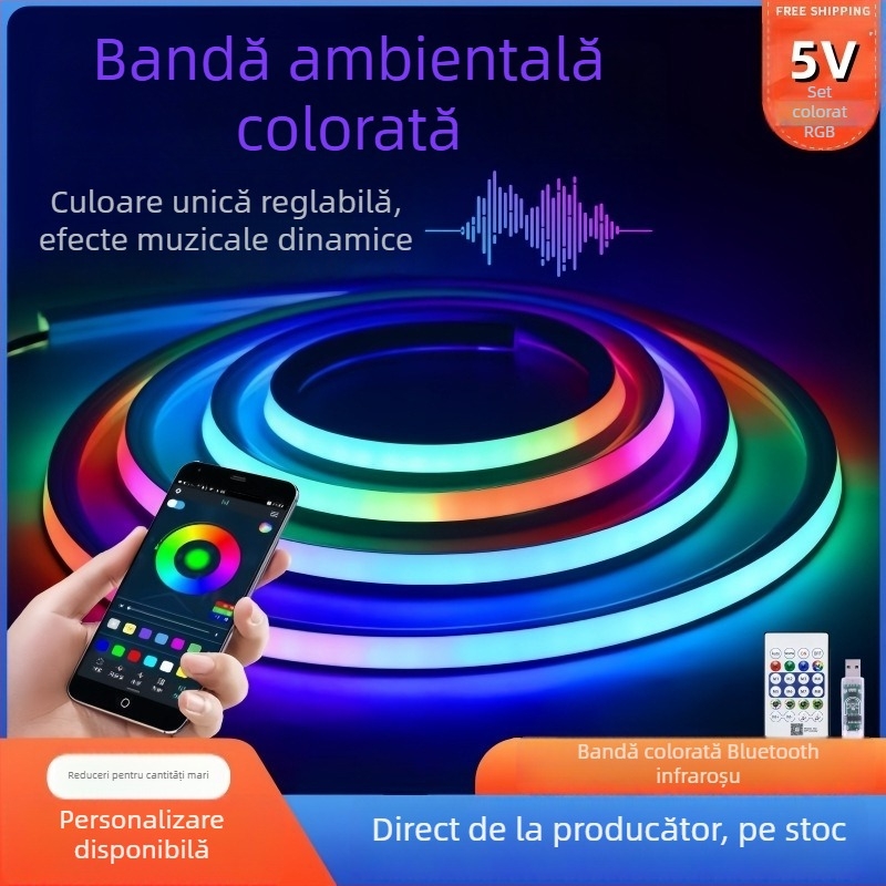 Set de benzi LED flexibile 5V, neon cu schimbare de culoare, efect curgere a apei, RGB, Bluetooth, atmosferă decorativă, iluminare liniară