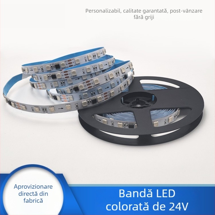 Bandă LED RGB 5050, 24V, telecomandă, trei fire, efect curgere a culorilor, 60 LED-uri, lățime 10 mm, placă goală – versiune industrială