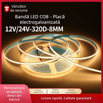 Bandă LED COB 24V, 320 LED, ultra‑îngustă 8 mm, autoadezivă, iluminare ambientală interioară