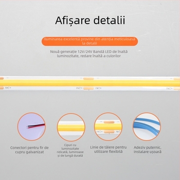 Bandă LED COB 24V, 320 LED, ultra‑îngustă 8 mm, autoadezivă, iluminare ambientală interioară