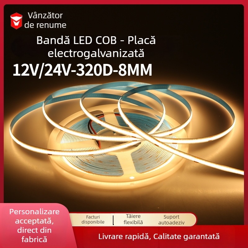 Bandă LED COB 24V, 320 LED, ultra‑îngustă 8 mm, autoadezivă, iluminare ambientală interioară