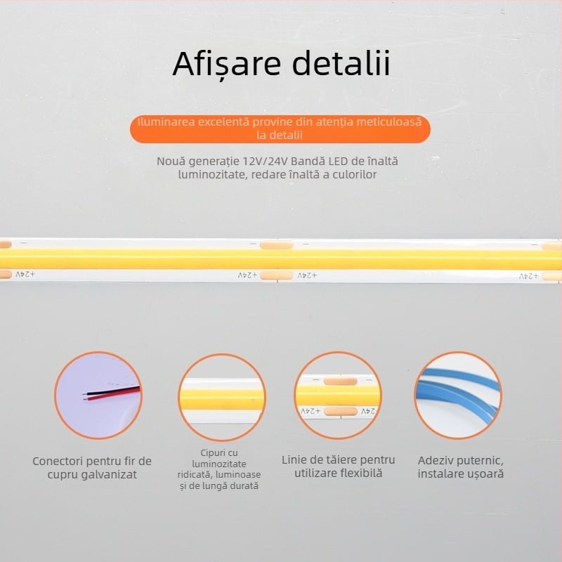 Bandă LED COB 24V, 320 LED, ultra‑îngustă 8 mm, autoadezivă, iluminare ambientală interioară