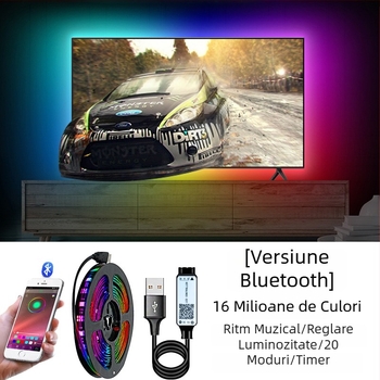 Bandă LED RGB 5050 cu adeziv, USB 5V, reglare luminozitate pentru iluminare ambientală
