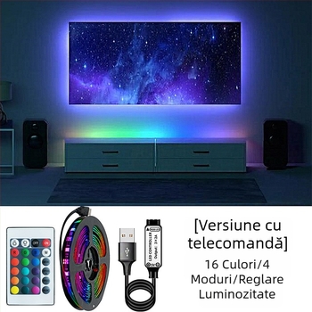 Bandă LED RGB 5050 cu adeziv, USB 5V, reglare luminozitate pentru iluminare ambientală