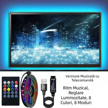 Bandă LED RGB 5050 cu adeziv, USB 5V, reglare luminozitate pentru iluminare ambientală