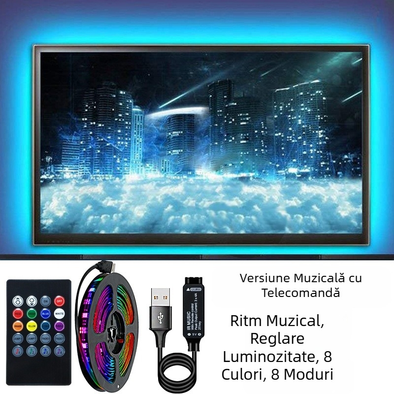 Bandă LED RGB 5050 cu adeziv, USB 5V, reglare luminozitate pentru iluminare ambientală