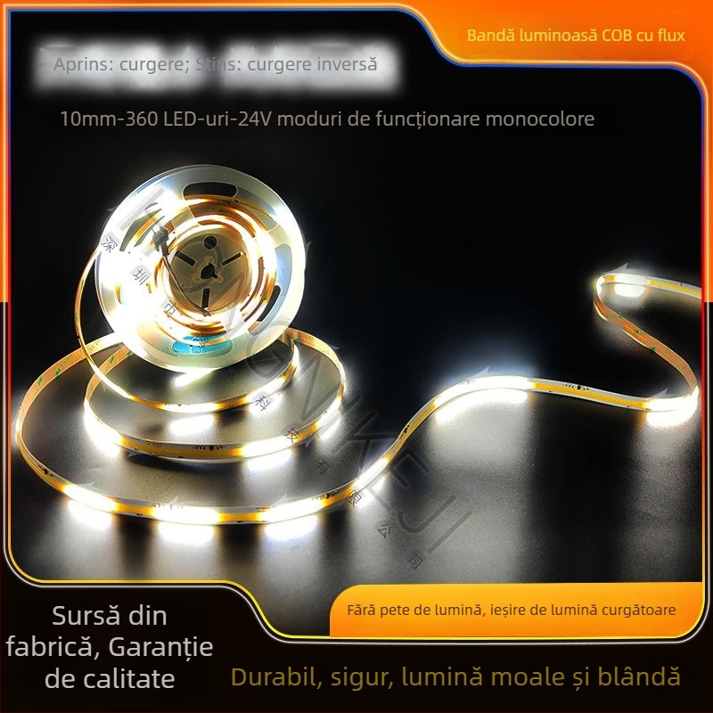 Bandă LED COB 24V, 360 LEDuri, CRI 90, 11W/m, dimmabilă, control de la distanță sau smart, iluminare liniară pentru tavan interior, rolă de 5 m