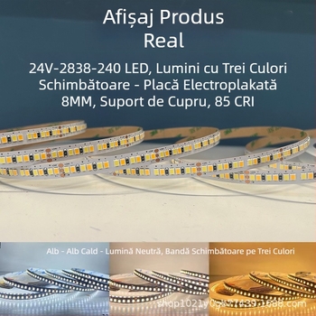 Bandă LED de 24V cu 240 de diode, temperatură de culoare duală și iluminare tri-color, compatibilă cu un sistem inteligent pentru reglarea luminozității și a culorii