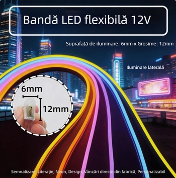 Bandă LED neon cu emisie laterală, bandă de silicon autoadezivă, rezistentă la apă pentru exterior, iluminare decorativă ambientală
