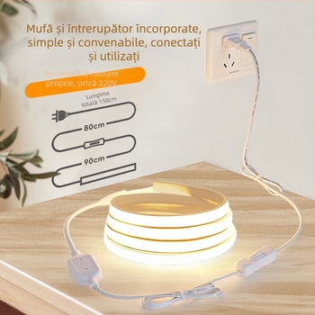 Bandă LED 220V pentru interior – bandă COB pentru dormitor, lângă pat și fundal TV, întrerupător la priză, iluminare ambientală