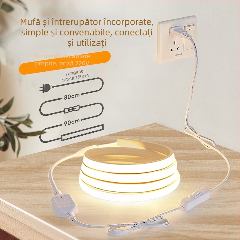 Bandă LED 220V pentru interior – bandă COB pentru dormitor, lângă pat și fundal TV, întrerupător la priză, iluminare ambientală