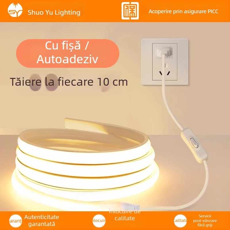 Bandă LED 220V pentru interior – bandă COB pentru dormitor, lângă pat și fundal TV, întrerupător la priză, iluminare ambientală