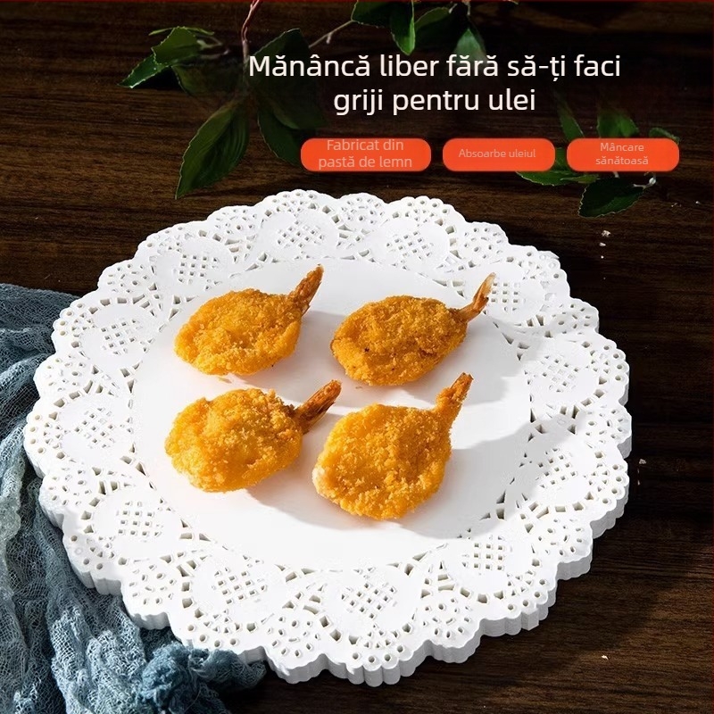 Hârtie de copt circulară cu margine dantelată, bază absorbantă a uleiului pentru prăjit și deserturi, 300 de foi
