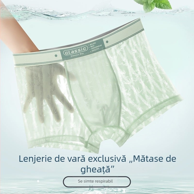 Boxer bărbătesc din mătase de gheață, subțire și respirabil, cu imprimeu și plasă transparentă, uscare rapidă