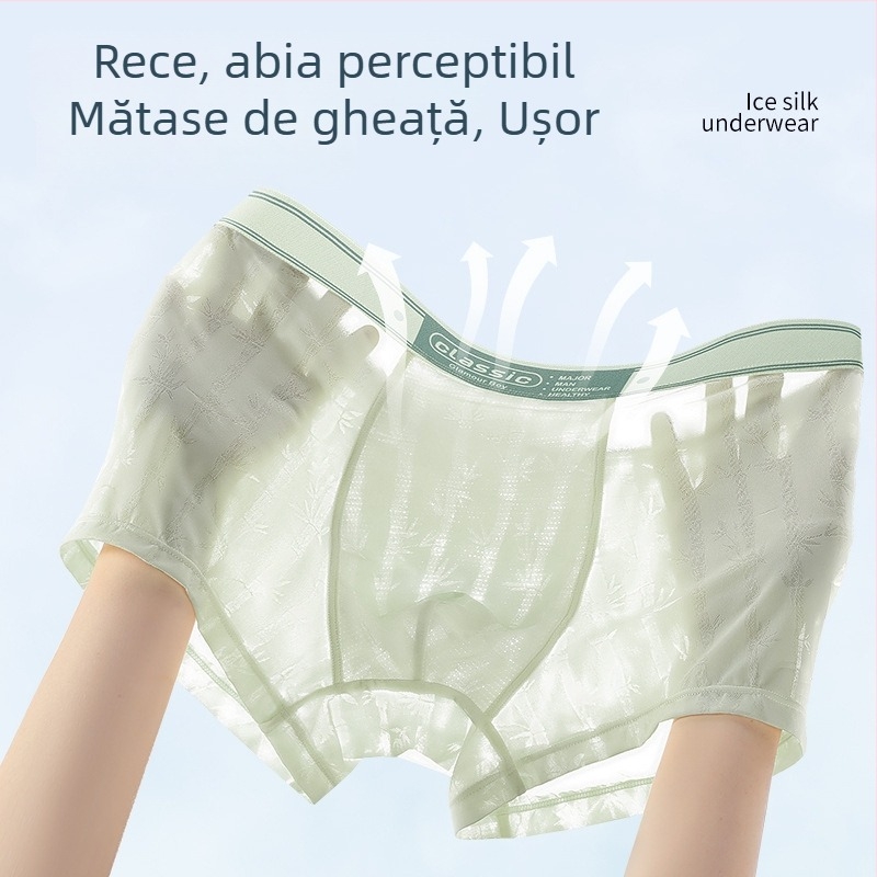 Boxer bărbătesc din mătase de gheață, subțire și respirabil, cu imprimeu și plasă transparentă, uscare rapidă