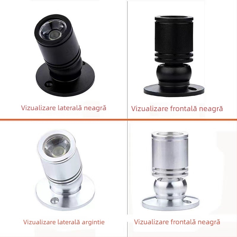 Carcasă pentru spot LED 1W cu unghi reglabil, aluminiu argintiu, diametru exterior 20 mm, cu bază, kit lampă vitrină bijuterii