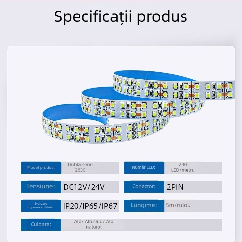Bandă LED 2835, tensiune redusă 12V/24V, autoadezivă, cu două rânduri, 240 LED în total (24 lm pe LED)