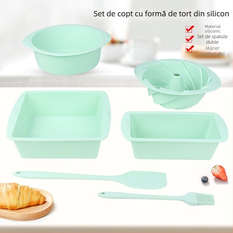 Set din silicon pentru coacere: forme de prăjituri circulare și pătrate, spatulă pentru toast, pensulă de uns și tavă de copt din silicon