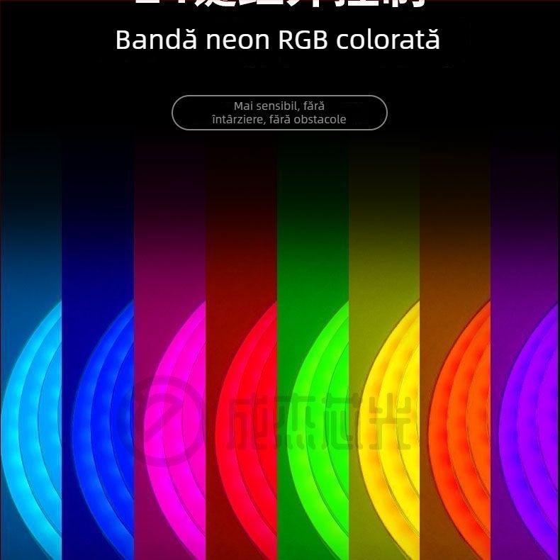 Bandă neon din silicon RGB, cu telecomandă de 24 de taste, schimbare de culoare, pentru atmosferă de gaming, stand și text publicitar