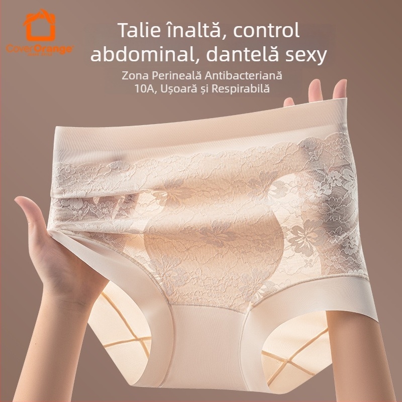 Chiloți pentru femei cu talie înaltă, controlul abdomenului, 2025 model nou, dantelă sexy, țesătură Ice Silk subțire, fără cusături, ridicare fesieri, mărime plus
