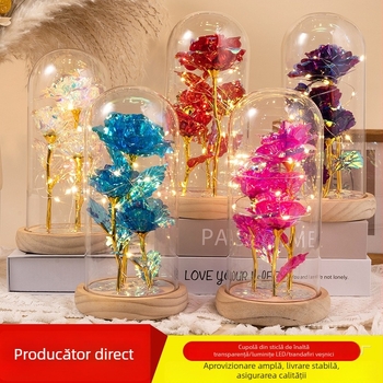Tanabata trandafir cu foiță de aur – floare eternă cu abajur de sticlă luminos, ornament în cutie cadou