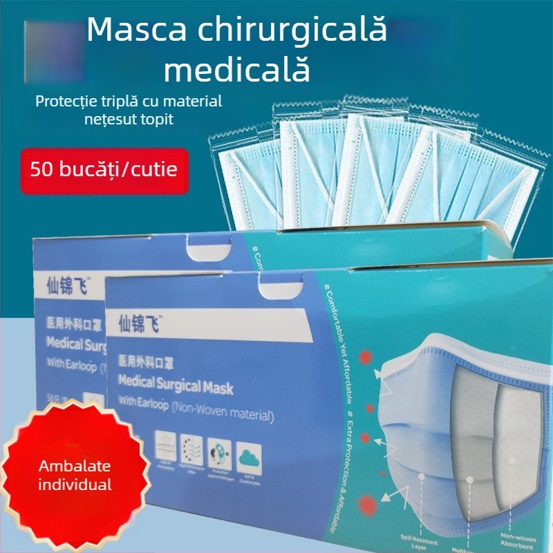 Xianjinfei Mască medicală de unică folosință – mască chirurgicală cu trei straturi și strat melt-blown, ambalare individuală