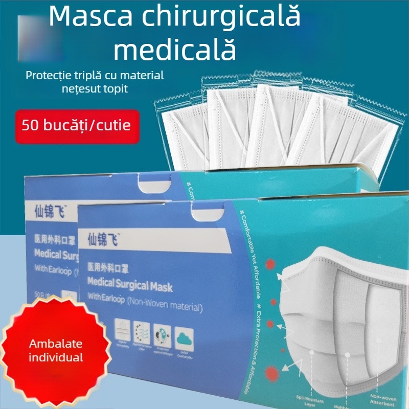 Xianjinfei Mască medicală de unică folosință – mască chirurgicală cu trei straturi și strat melt-blown, ambalare individuală