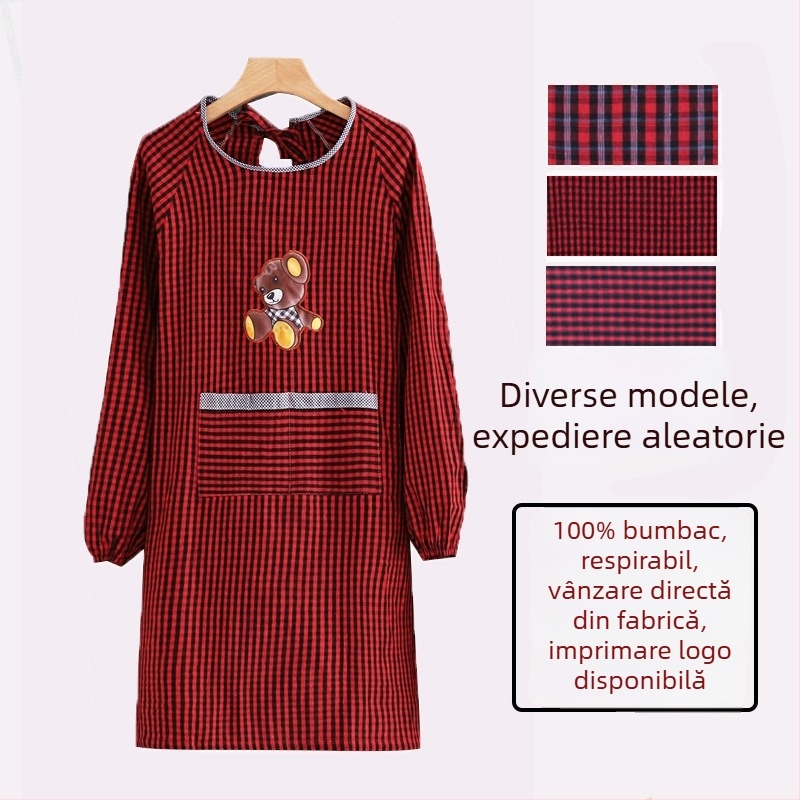 Șorț de bucătărie din bumbac cu mâneci lungi, impermeabil și rezistent la ulei, gros, în stil coreean pentru îmbrăcăminte de lucru pentru adulți, cu model desen animat