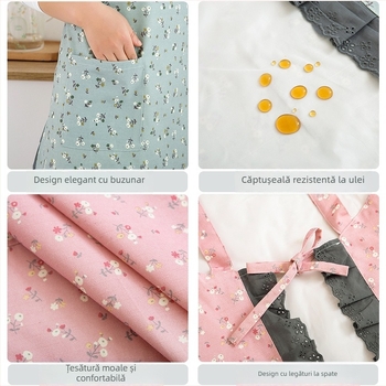 Șorț de bucătărie cu două straturi, anti-pete, pentru femei, imprimeu floral pastoral, reversibil, cu bretea de talie, fără mâneci