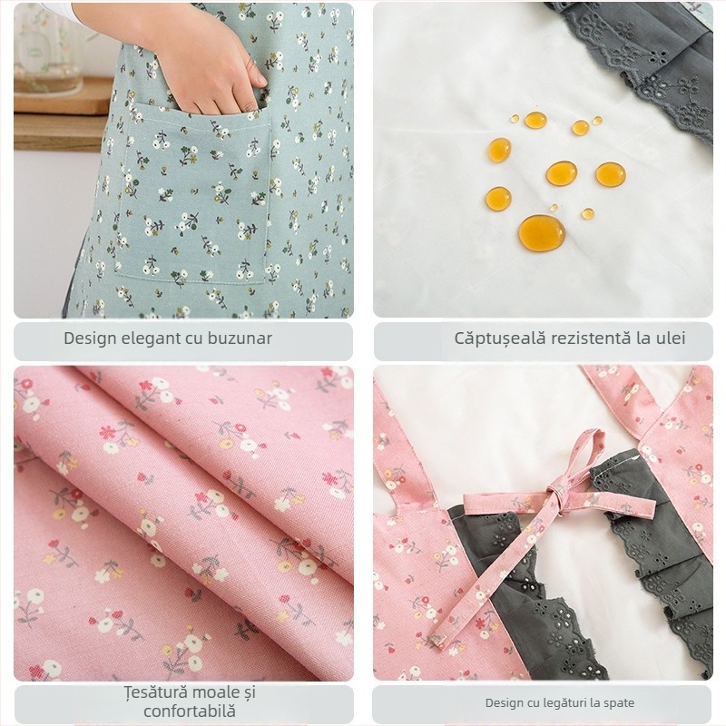 Șorț de bucătărie cu două straturi, anti-pete, pentru femei, imprimeu floral pastoral, reversibil, cu bretea de talie, fără mâneci