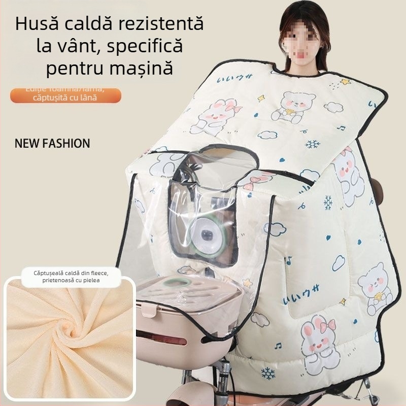 Acoperire pentru parbriz de vehicul electric mic, căptușită iarna, rezistentă la vânt, impermeabilă și la frig.