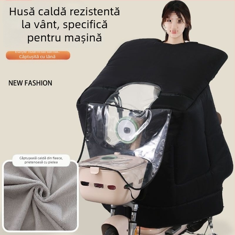 Acoperire pentru parbriz de vehicul electric mic, căptușită iarna, rezistentă la vânt, impermeabilă și la frig.