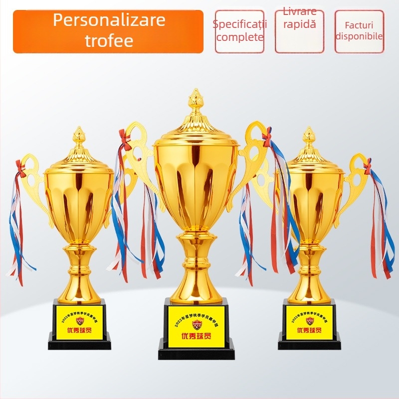 Trofeu metalic personalizat cu coroană în aur, argint și cupru pentru baschet, fotbal și evenimente sportive ale copiilor – premiu pentru elevi