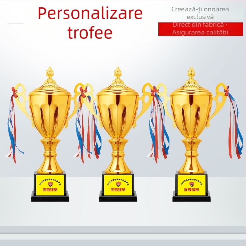 Trofeu metalic personalizat cu coroană în aur, argint și cupru pentru baschet, fotbal și evenimente sportive ale copiilor – premiu pentru elevi