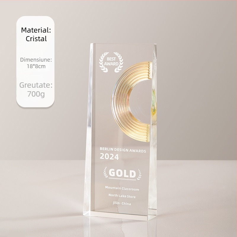 Trofeu de cristal pentru absolvire, cu design în valuri și elemente metalice, medalie de cristal imprimată color