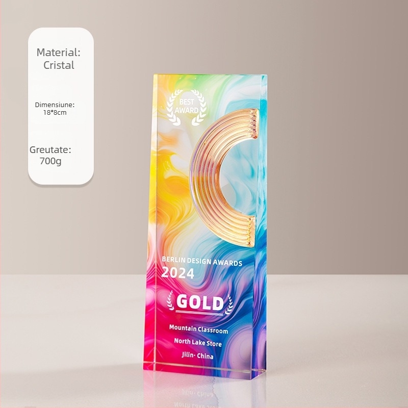 Trofeu de cristal pentru absolvire, cu design în valuri și elemente metalice, medalie de cristal imprimată color