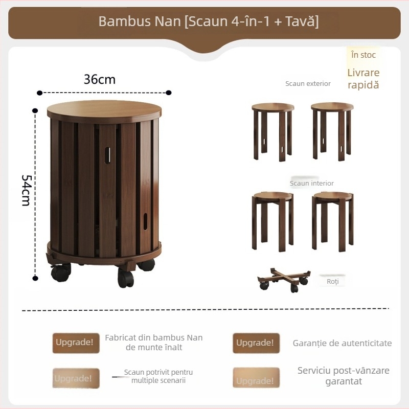 Masă laterală mobilă pentru living, potrivită pentru apartamente mici: măsuță de cafea, dulap lateral lângă canapea și noptiere, scaune tip Jenga, care pot fi stivuite