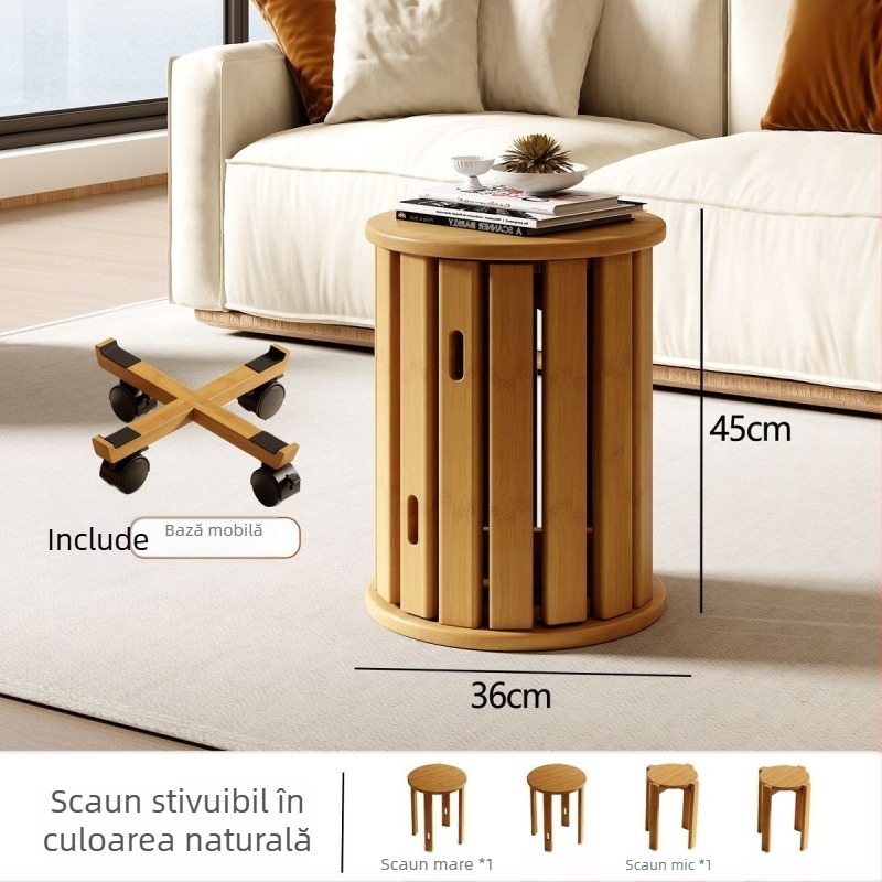 Masă laterală mobilă pentru living, potrivită pentru apartamente mici: măsuță de cafea, dulap lateral lângă canapea și noptiere, scaune tip Jenga, care pot fi stivuite