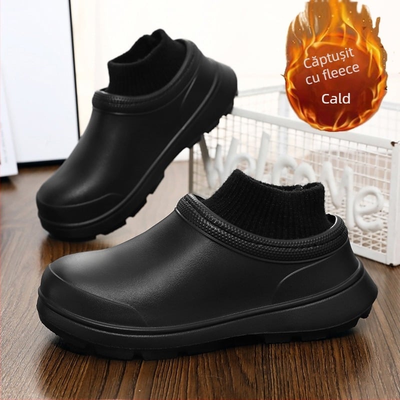 Pantofi negri de bucătărie, unisex, pentru bărbați și femei, talpă moale și căptușeală fleece pentru iarnă