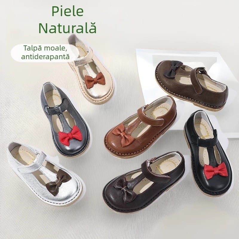 Pantofi din piele pentru fete, cu funda, balerini cu Velcro, stil coreean